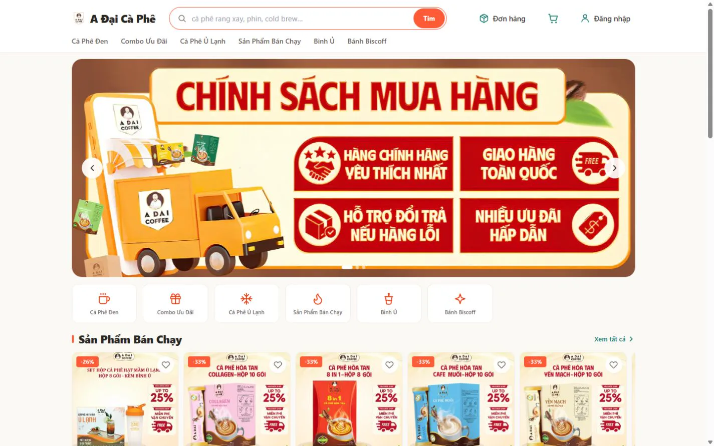 Giao diện kênh bán hàng riêng của A ĐẠI Cà Phê do XRETAIL triển khai